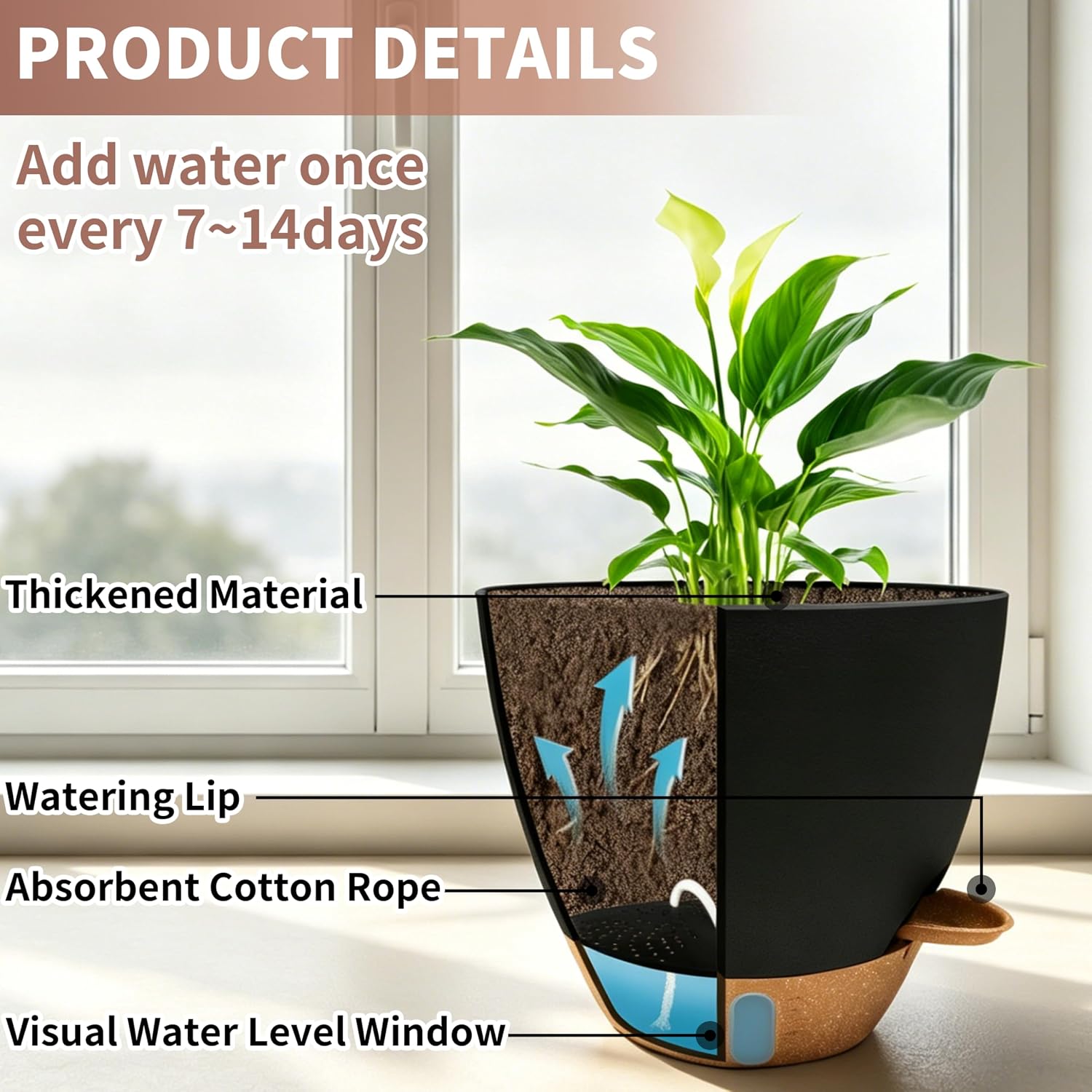 12"/10"/9"/8" Self Watering Pots with Visual Water Window,Extra Large Self Watering Plant Pots with Drainage Holes &