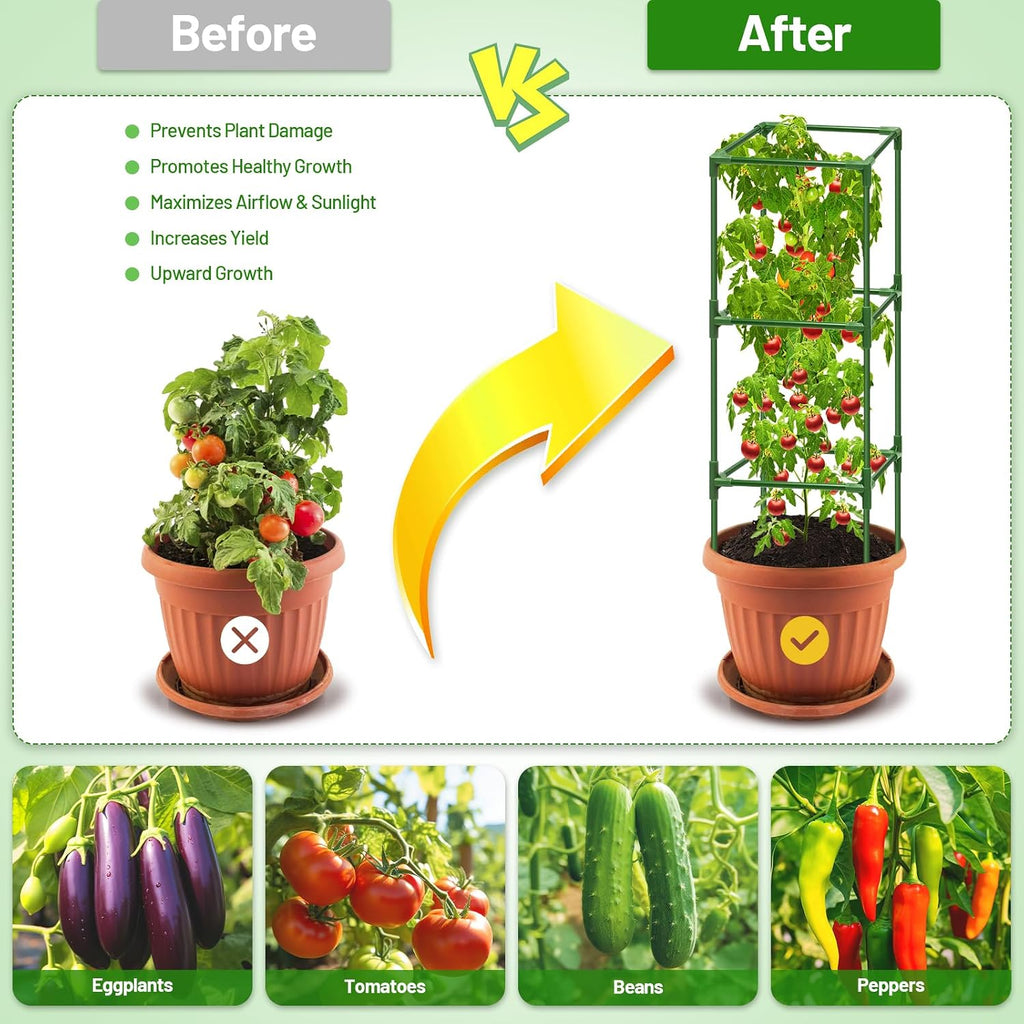 6 Pack 45 Inch Tomato Cages for Garden, Heavy Duty Tomato Trellis | Adjustable & Reusable Square Tomato Plant Support