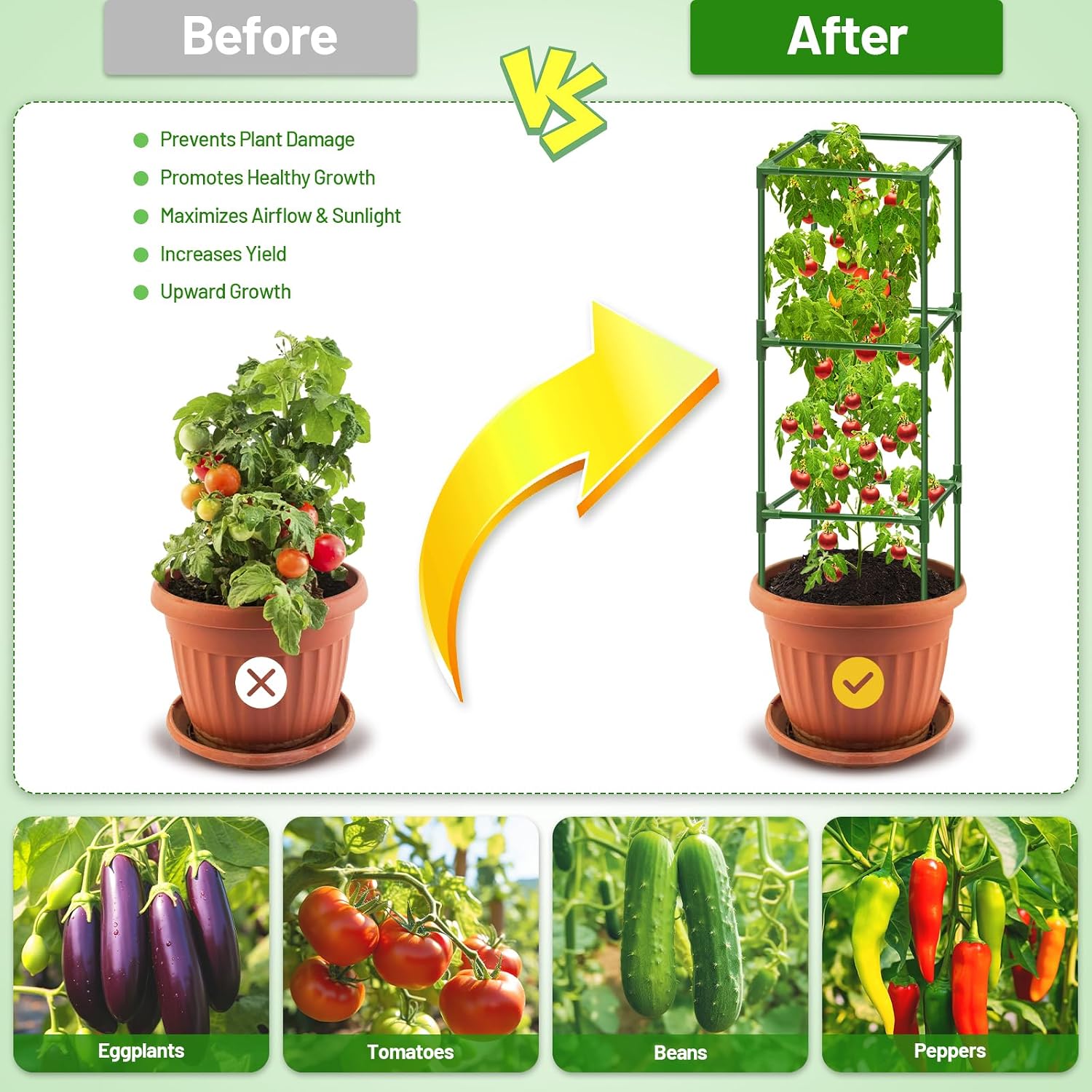 6 Pack 45 Inch Tomato Cages for Garden, Heavy Duty Tomato Trellis | Adjustable & Reusable Square Tomato Plant Support