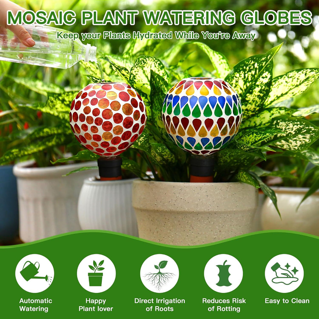 SAVENNA Mosaic Plant Watering Globes with Terracotta Spikes, 17oz Glass Self Watering Globes for Indoor & Outdoor