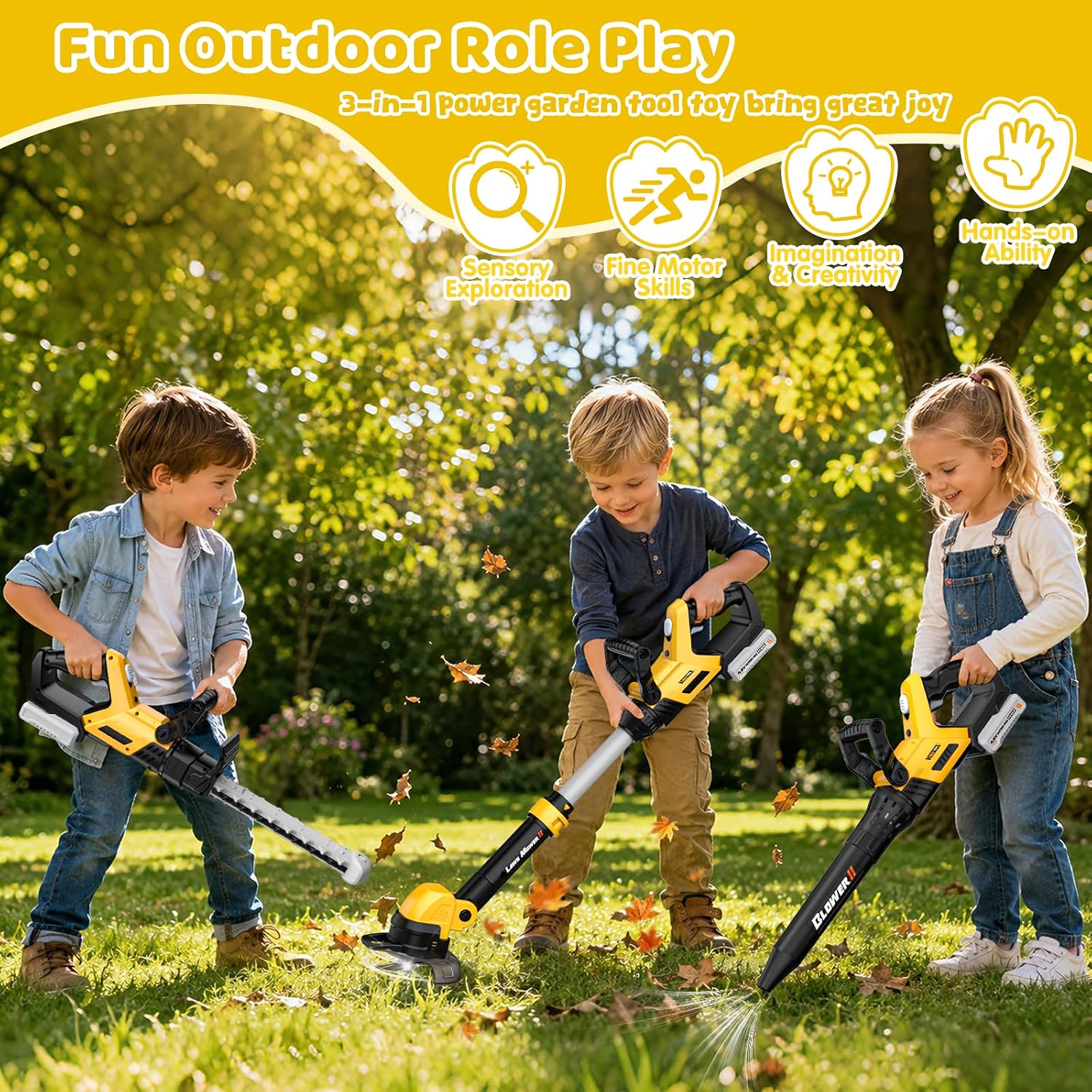 3-IN-1 Toddler Tool Set, Weed Wacker Toy, Kids Leaf Blower & Hedge Trimmer | Kids Garden Tool Set with Sounds & Lights
