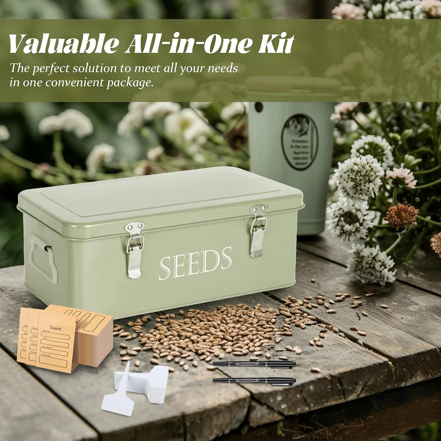 Ecopark Seed Storage Box, Professional All-in-one Kit | with 2 Pens, 20 Plant Labels and 50 Seed Envelopes, Metal