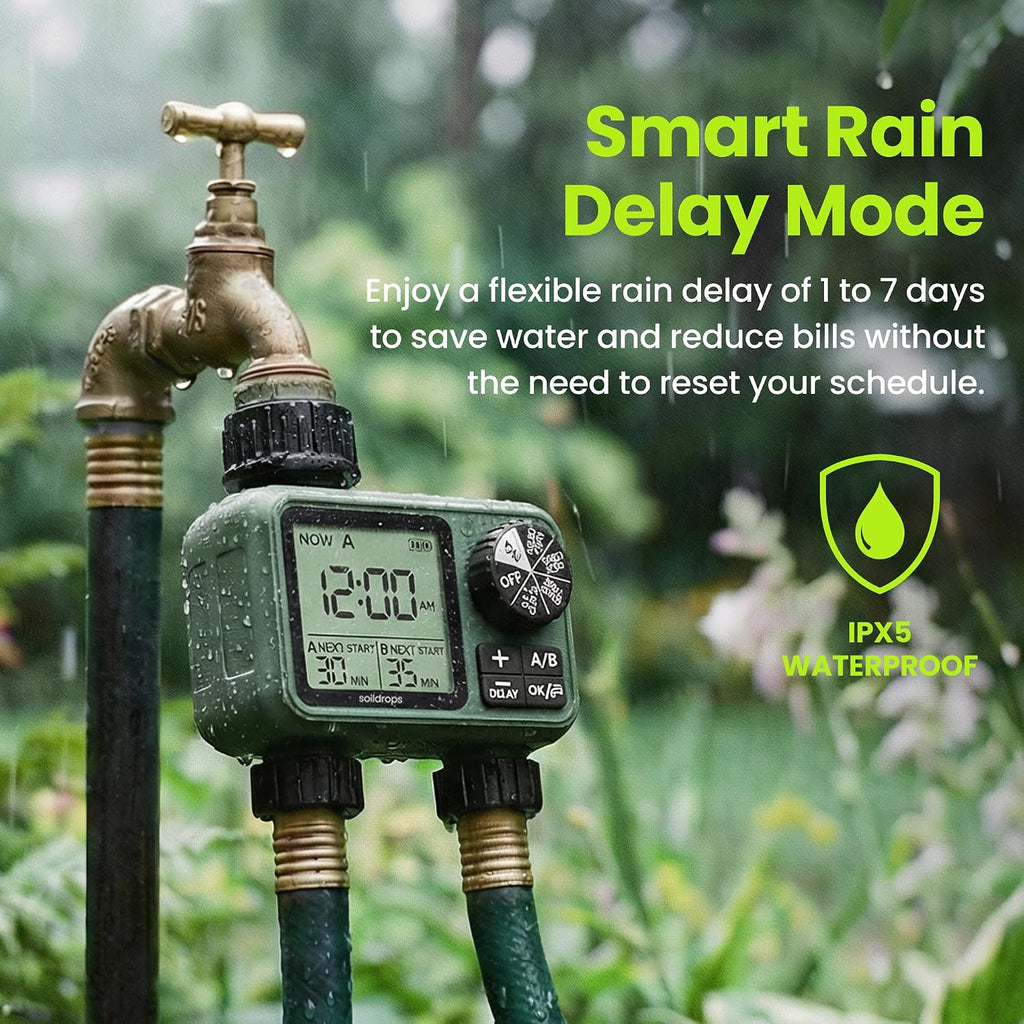 Garden Hose Sprinkler Timer 1 or 2 Outlet Programmable Controller | Self-cleaning valve, rain delay, auto-off, IPX5