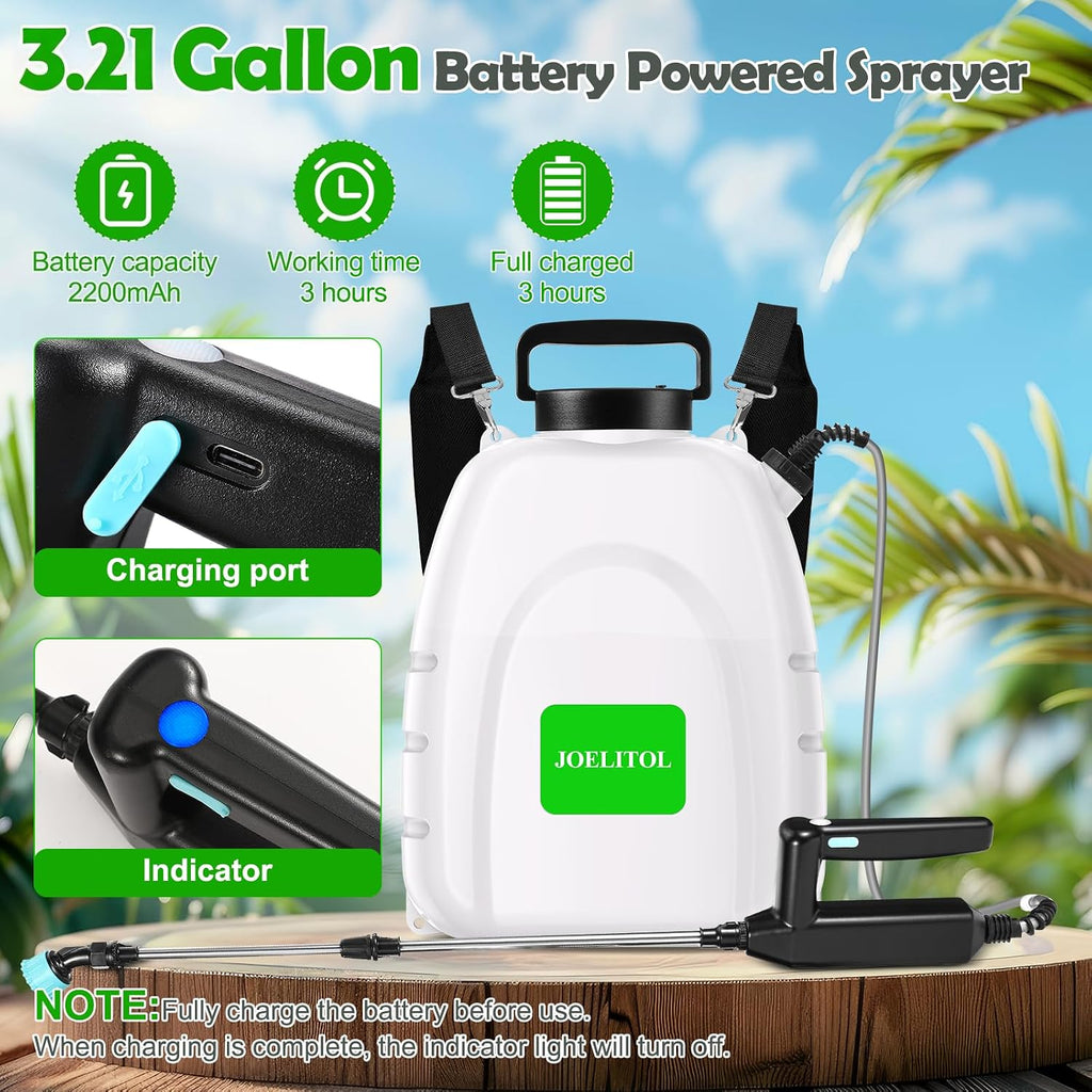 Electric Backpack Sprayer 3.2 Gallon, Battery Powered Lawn Sprayer with Ergonomic Design, USB Rechargeable Handle