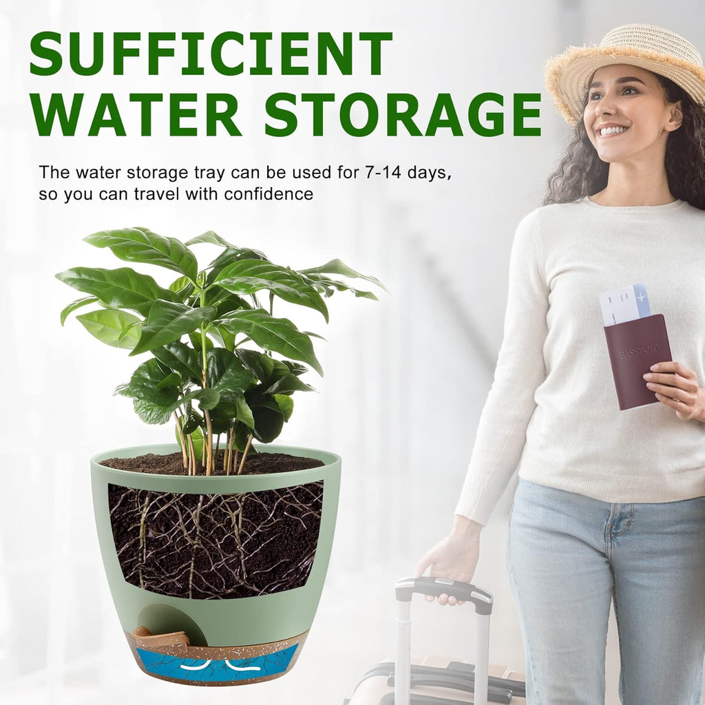 QRRICA Plant Pots 10/9/8/7.5/7 Inch Self Watering Pots, Set of 5 Plastic Planters with Drainage Holes and