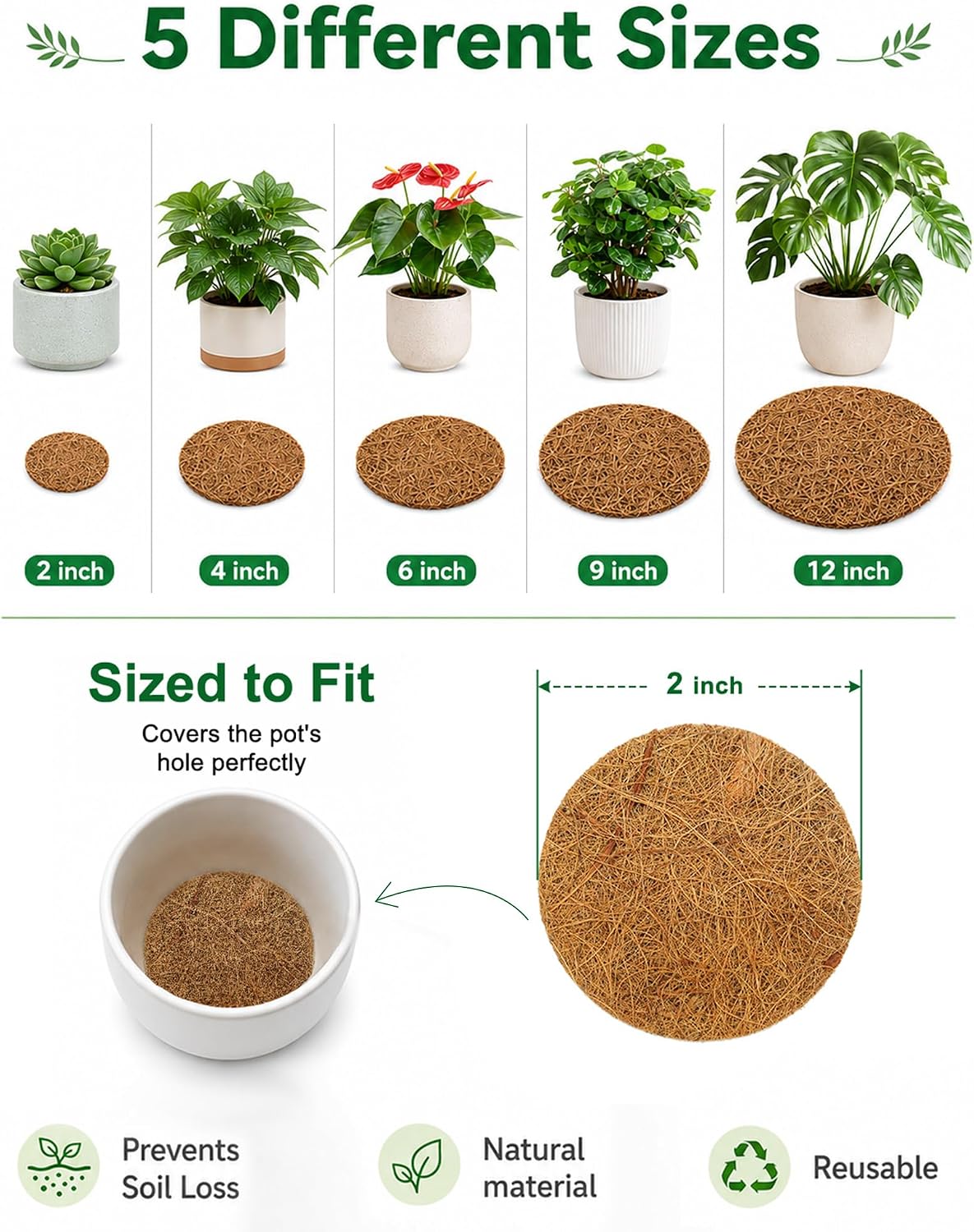 Coco Coir Drainage Mesh Pads for Flower Pots, 12 Pcs Pot Hole Covers(12inch,12pcs) | Natural Coconut Fiber Inserts for