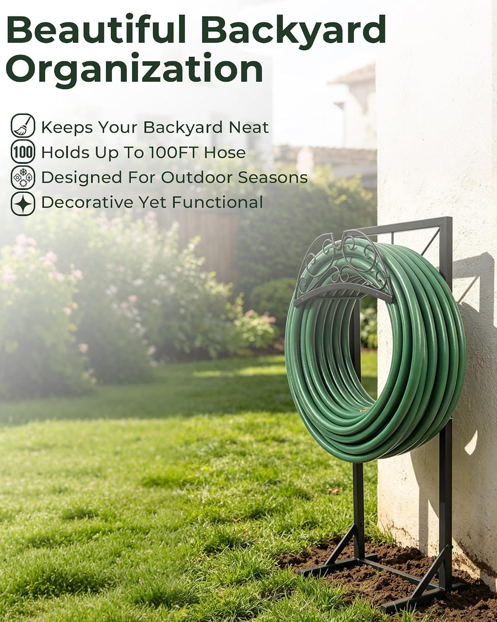Garden Hose Holder Stand, Heavy Duty Freestanding Metal Rack | Reinforced Triangle Support, Dual Ground Stakes &