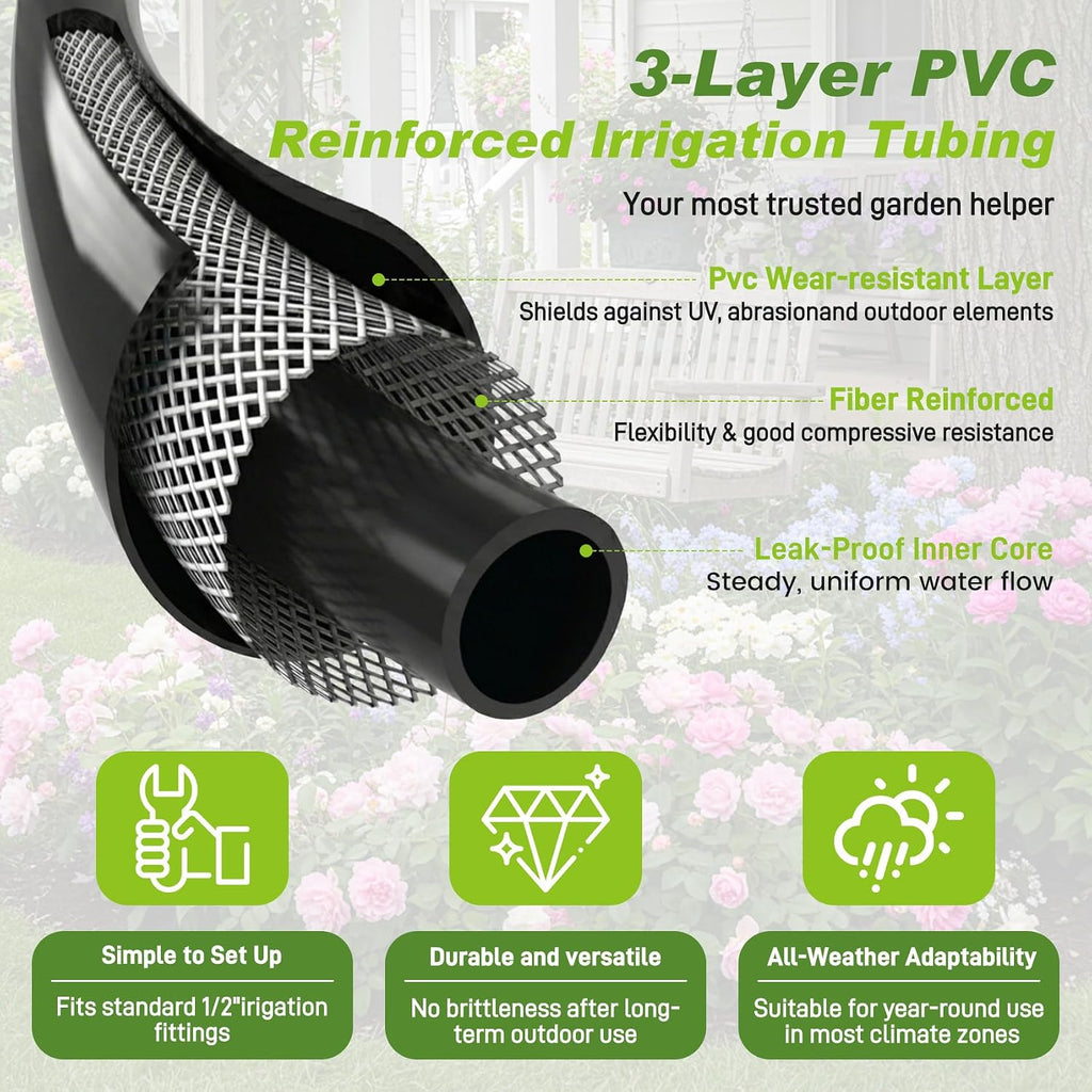 1/2 Inch Drip Irrigation Tubing, 50FT Main Line Hose Tube, Flexible PVC Irrigation Hose for Raised Beds, Greenhouse