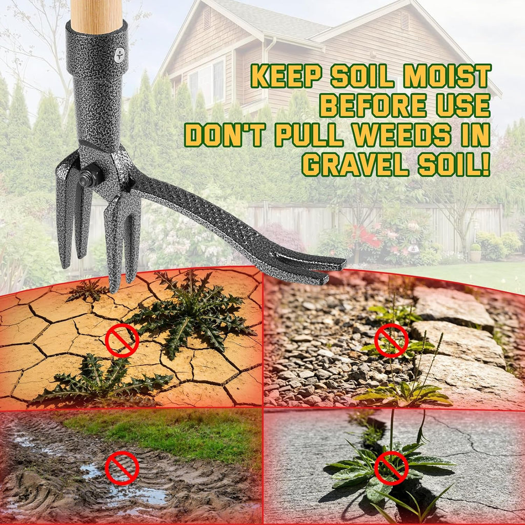 Weed Puller Tool, Stand Up Heavy Duty Weed Remover Tool with Long Handle & 4-Claw Steel Head, Bamboo Garden Hand