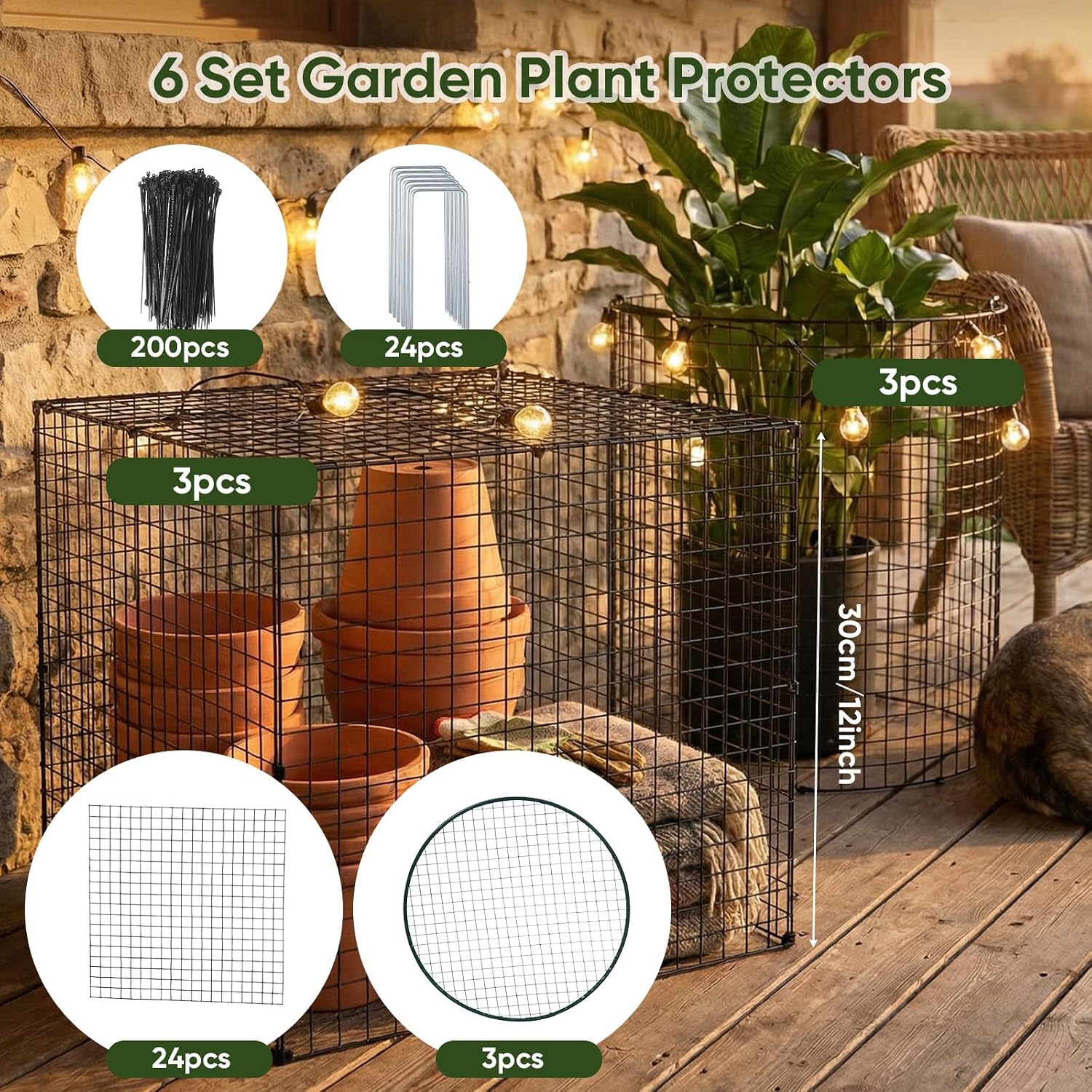 6 Set Garden Plant Protectors from Animals 12'' x 12'' Metal Wire Protectors Cage with Stakes, Metal Mesh and