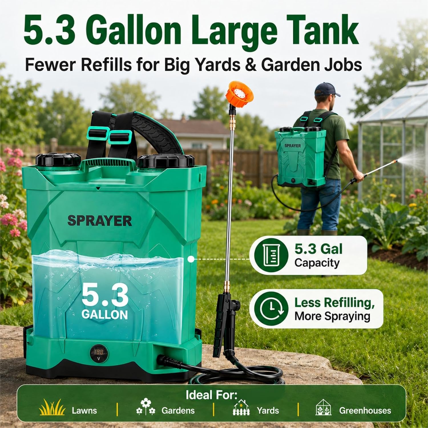 5.3 Gallon Battery Powered Backpack Sprayer, 21V Battery with 8 Nozzles | Electric Sprayer with 100 PSI Adjustable