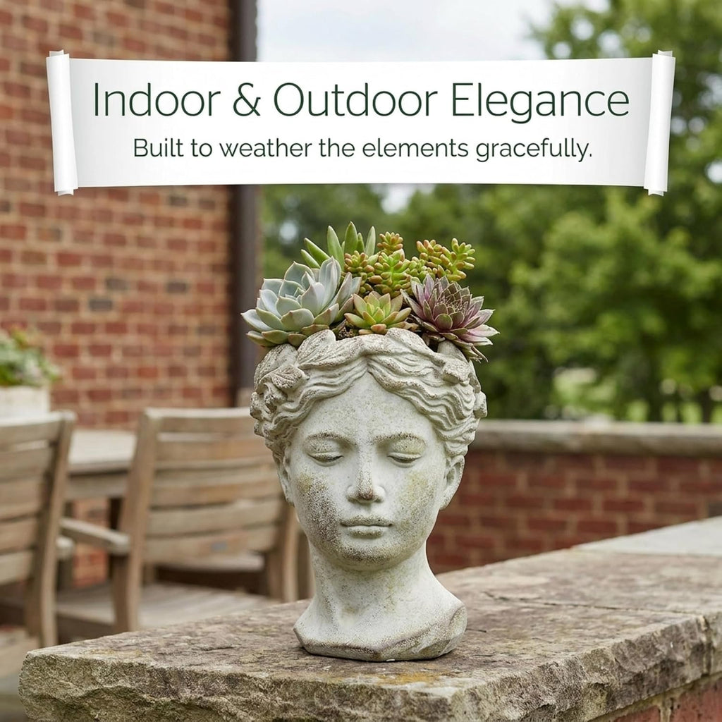 Greek/Roman Style Female Statue Head Cement Planter (Style 1) | Beautiful Woman's Head Pot for Indoor Home Decor or