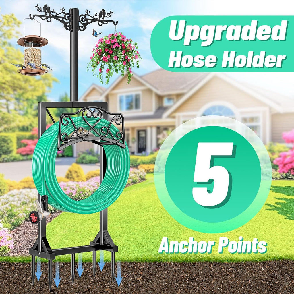 Garden Hose Holder, Freedstanding Heavy Duty Garden Water Hose Holder Stand with 2 Shepherds Hooks, Detachable Metal