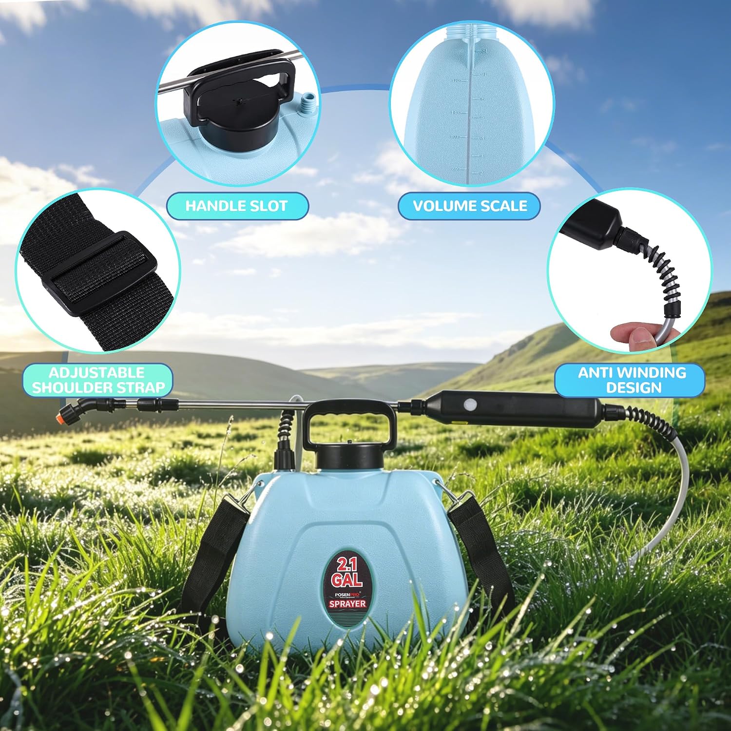 POSENPRO Battery Powered Sprayer 2 Gallon, Electric Garden Sprayer with 3 Mist Nozzles, Backpack Sprayer with