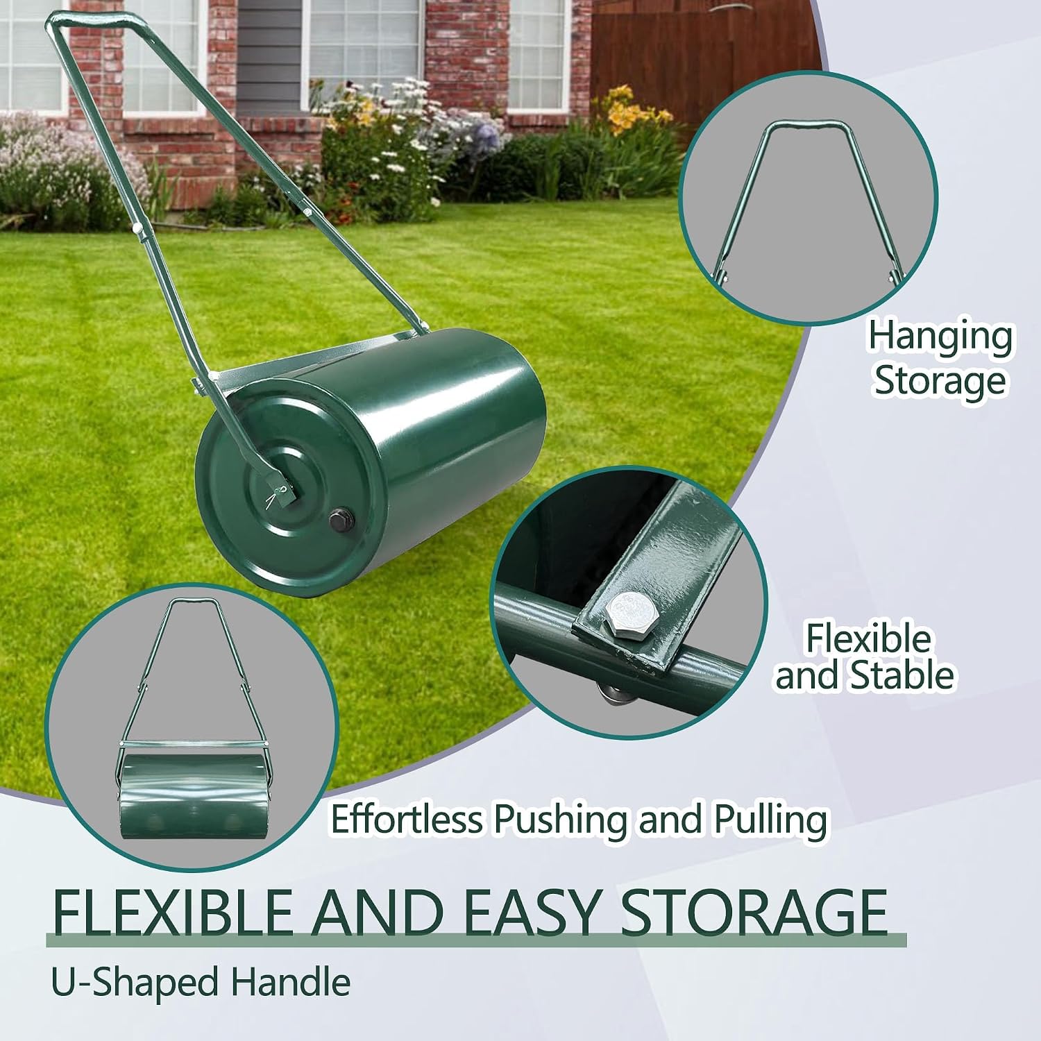 Tow-Behind Garden Lawn Roller, 9.5 Gallon, Heavy Duty Steel with u-Handle, Water/Sand Fillable – Perfect for Leveling