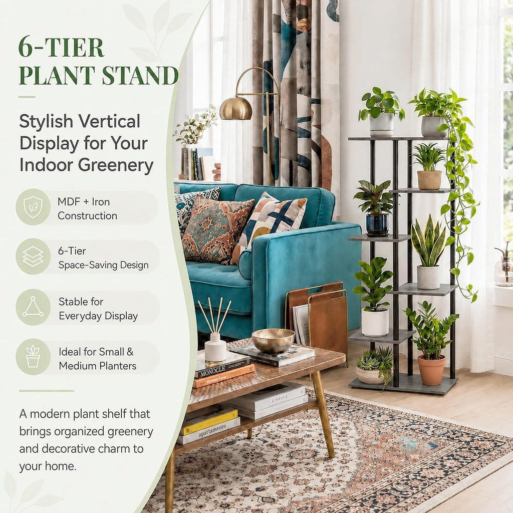 Corner Tall Plant Stand Indoor 6 Tier 8 Potted, Oak Grey | Functions as Flower Pots, Shelf, Decor Rack, Holder, Metal