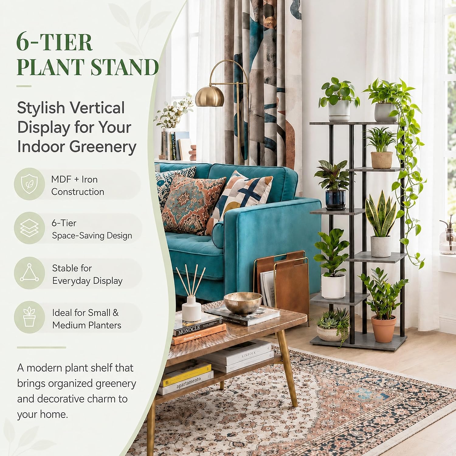 Corner Tall Plant Stand Indoor 6 Tier 8 Potted, Oak Grey | Functions as Flower Pots, Shelf, Decor Rack, Holder, Metal
