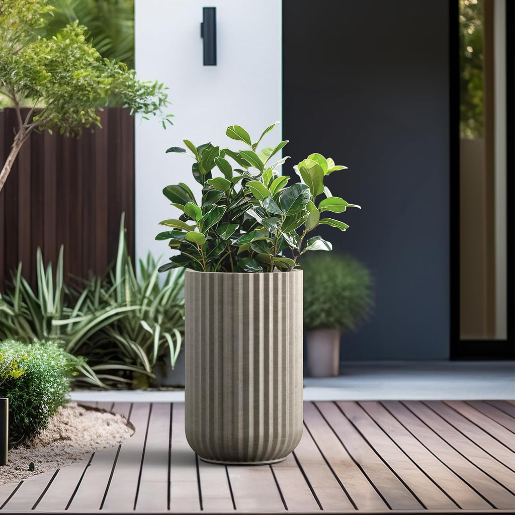 Kante Accent Round Column Weathered Concrete Planter 17.7" Tall, Outdoor | Fluted, Rubber Plug for Indoor, Drainage for