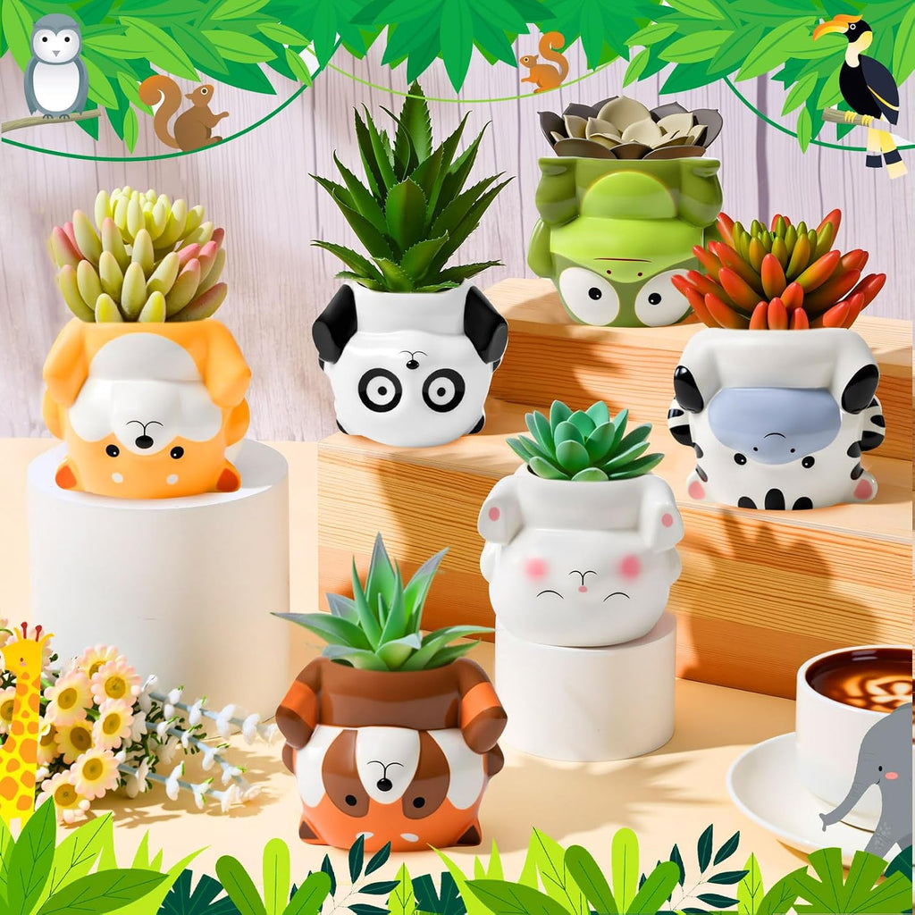 Chuangdi 6 Sets DIY Ceramic Succulent Pots Ready to Paint Animal Unpainted Ceramic Painting Flower Pot with Drainage