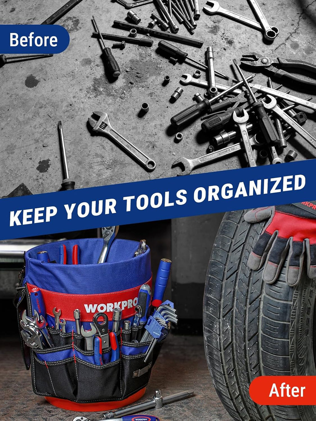 WORKPRO Bucket Tool Organizer with 51 Pockets Fits for 3.5-5 Gallon Bucket | Perfect for Garden, Construction