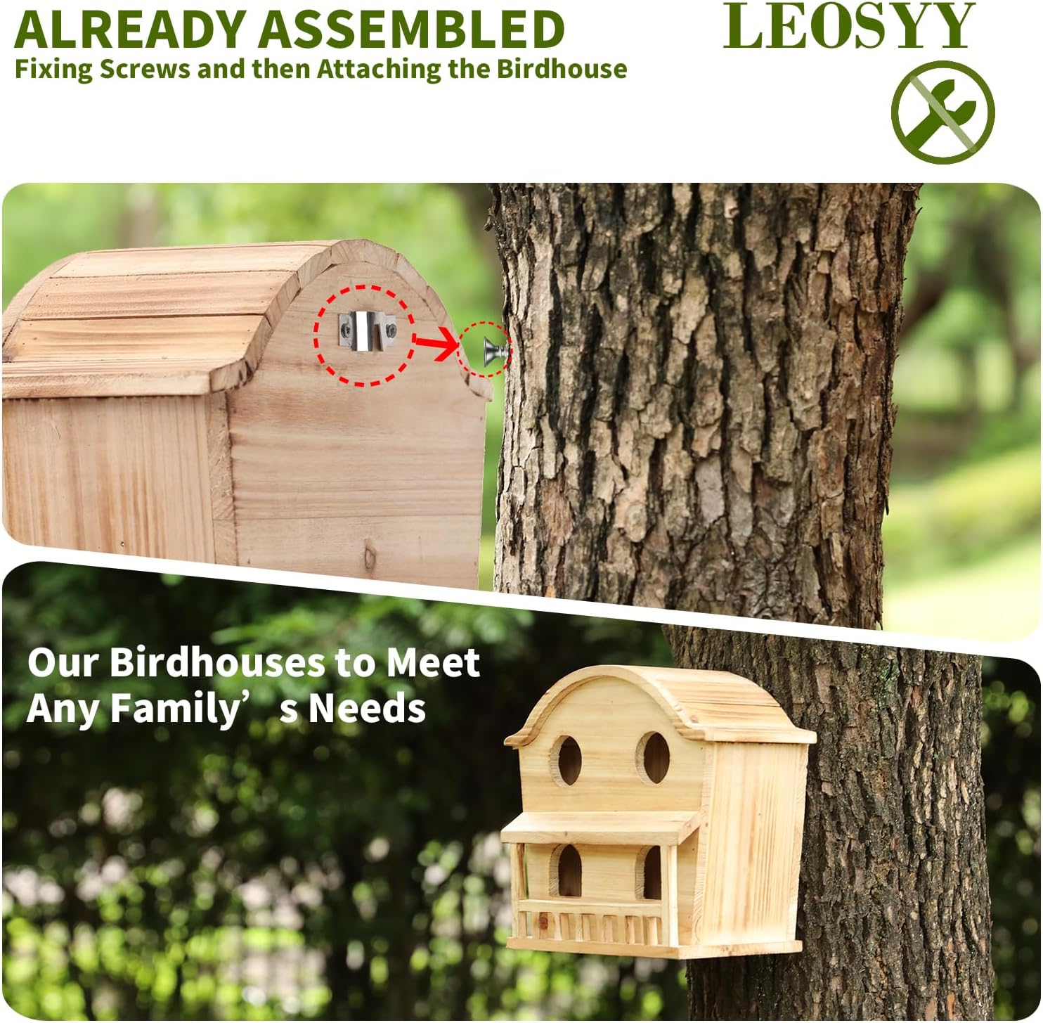 Bird Houses for Outside, 4 Hole Wooden Birdhouse for Outdoor Large Hanging Bird House Backyard Birding & Wildlife