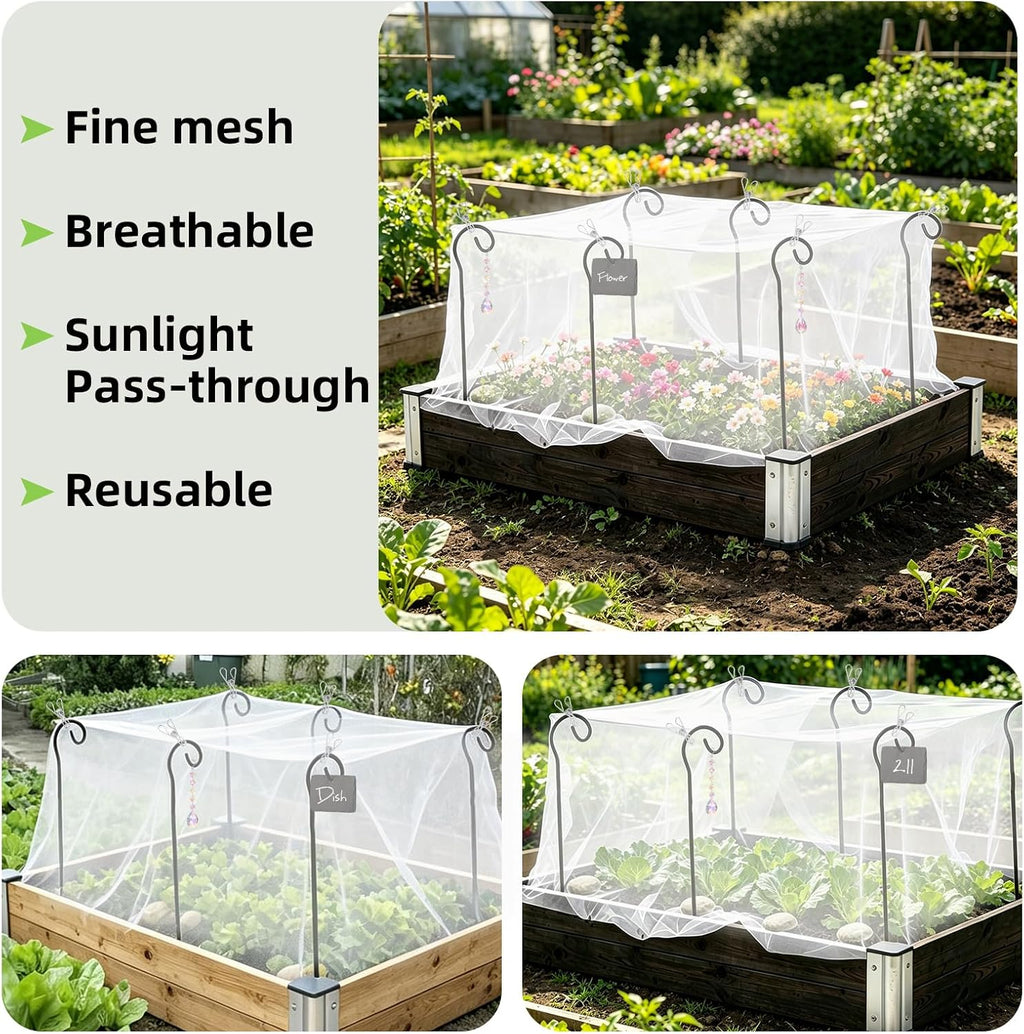 Garden Netting Kit for Raised Beds, 10 x 13 FT Ultra Fine Insect Mesh with 8 Upgraded Hook-Top Stakes & 20 Clips, Plant