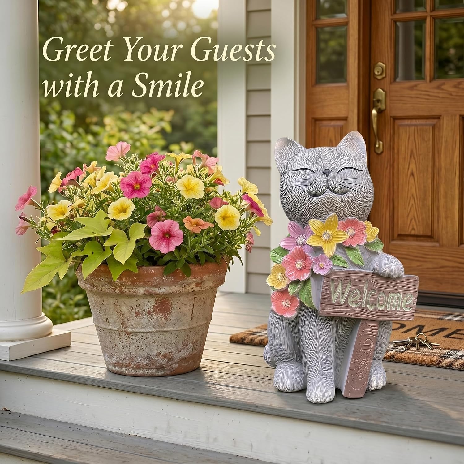 Solar Cat Garden Statue for Outdoor Decor, Cat Solar Light | Resin Welcome Cat with Flowers for Garden, Yard, Lawn