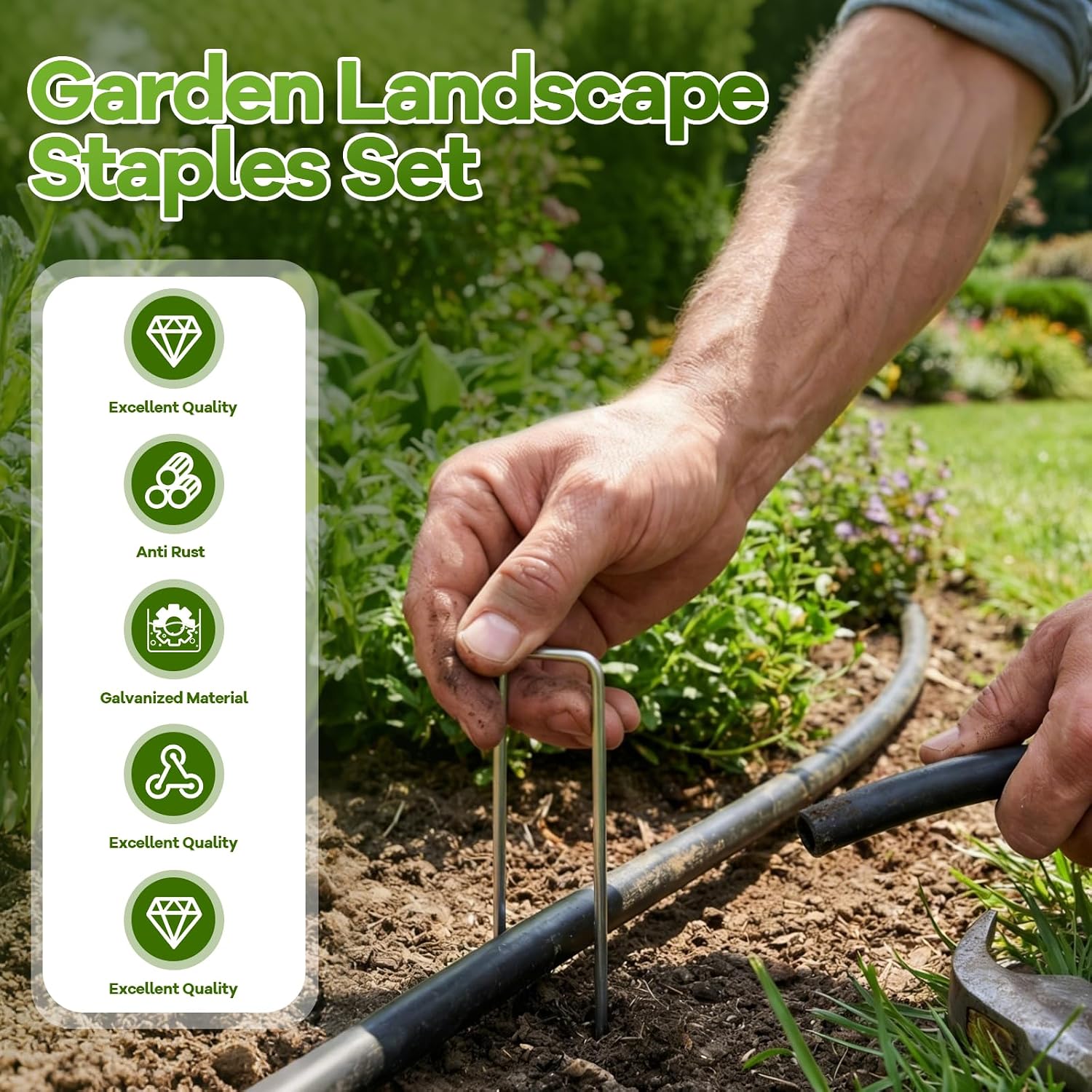 200PCS Garden Stakes Landscape Staples Set with Gasket, 11 Gauge | Heavy Duty Galvanized Garden Pins for Weed Barrier