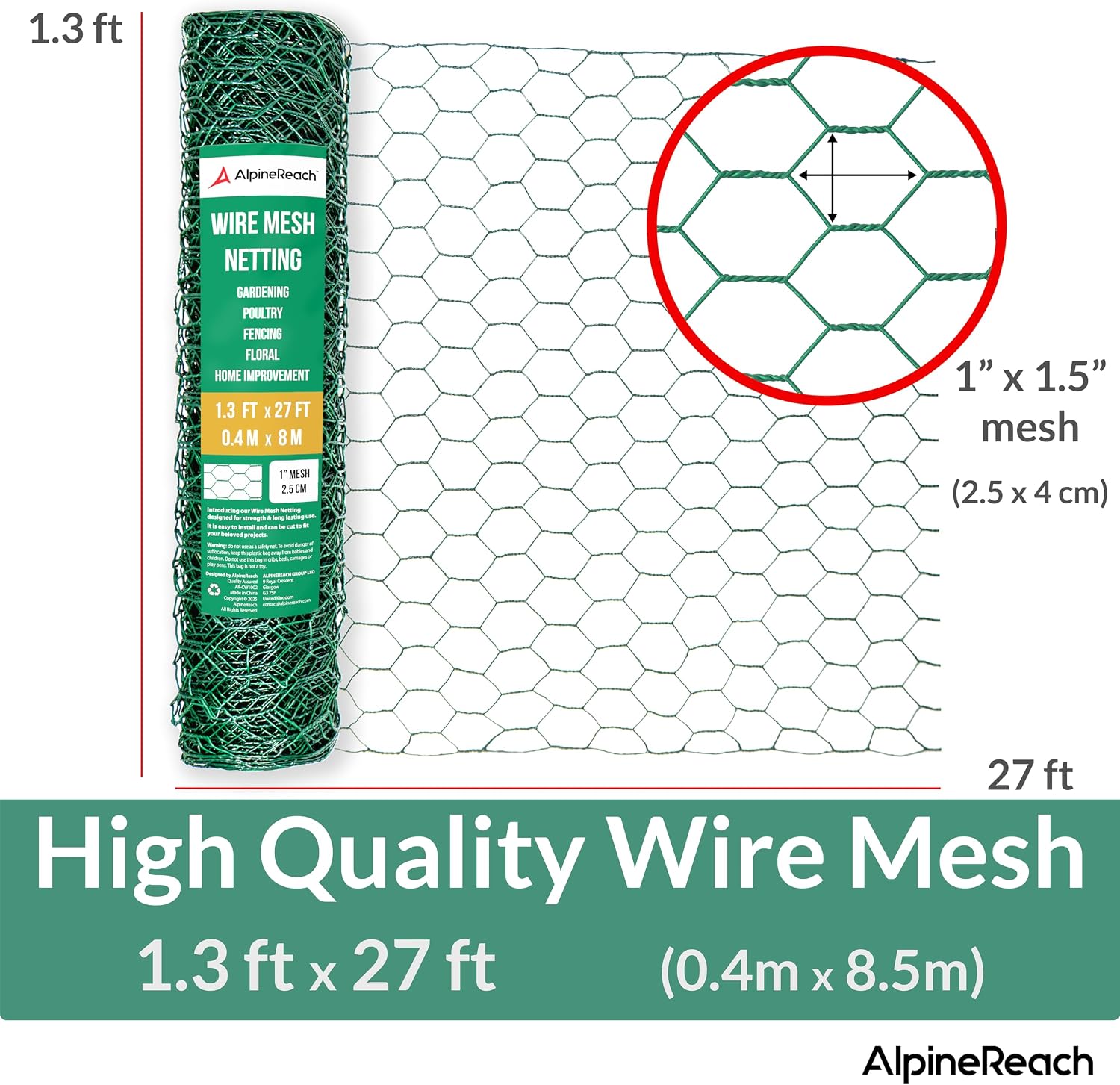 AlpineReach Chicken Wire 1.3ft x 27ft Fencing for Poultry, Crafts, Floral Arrangements, Zip Ties - Green Mesh Roll