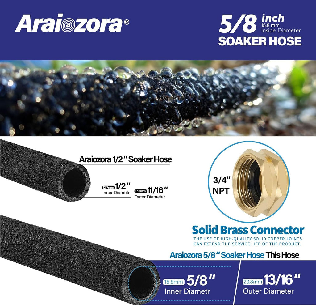 Soaker Hose 100FT 5/8 Inch, Heavy Duty Leakproof Drip Irrigation Hose for Deep Watering Large Flower Beds, Estates &