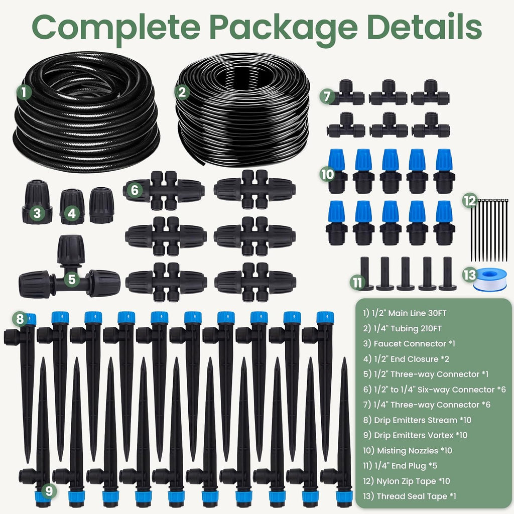 240FT Drip Irrigation System Kits, Quick-Connect Garden Watering System for Raised Bed, Potted Plants, Lawn, Greenhouse
