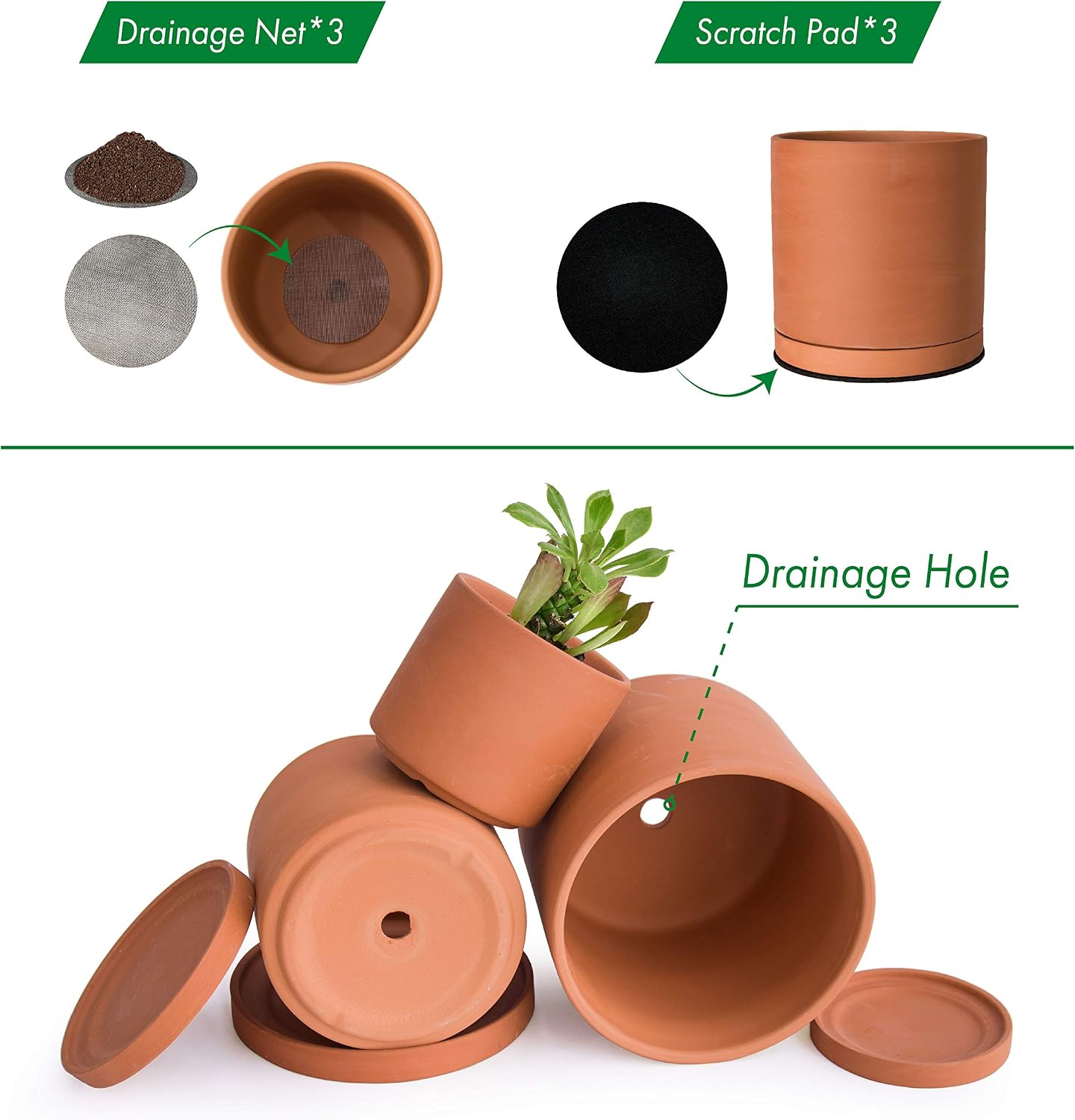 D'vine Dev 3-Pack Classic Terracotta Pots & Saucers, 4/5/6 in, 40-T-A-0 | Cylinder Shape, Timeless Style, Unglazed