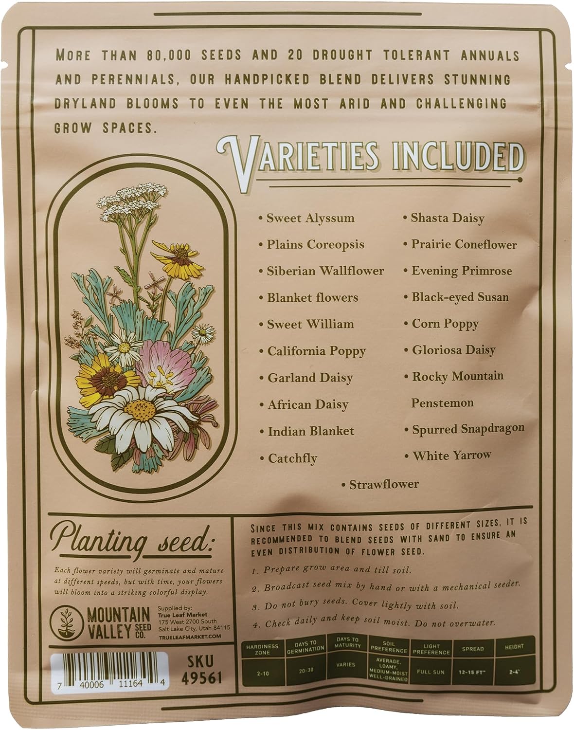 Sustainable Seed Co Wildflower Seed Bulk 2 oz 80,000 Seeds Drought-Tolerant | Mix with 20 Varieties