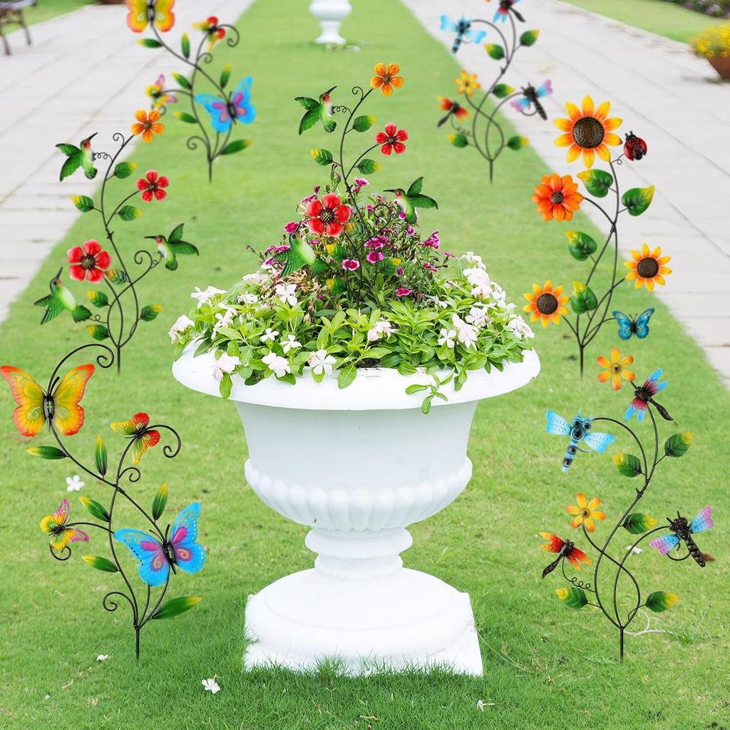 4 Pcs Butterfly Metal Garden Stakes Hummingbird Sunflower Dragonfly Flowers Garden Stake Decor Metal Wall Decor Trellis