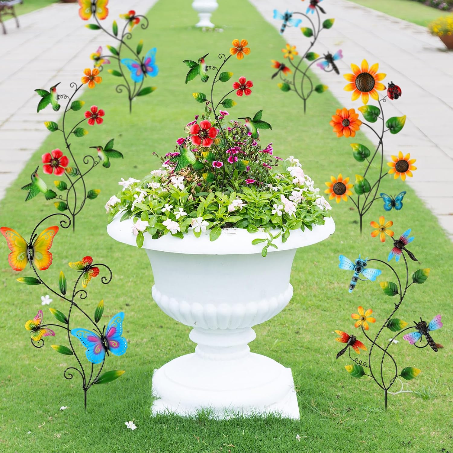 4 Pcs Butterfly Metal Garden Stakes Hummingbird Sunflower Dragonfly Flowers Garden Stake Decor Metal Wall Decor Trellis
