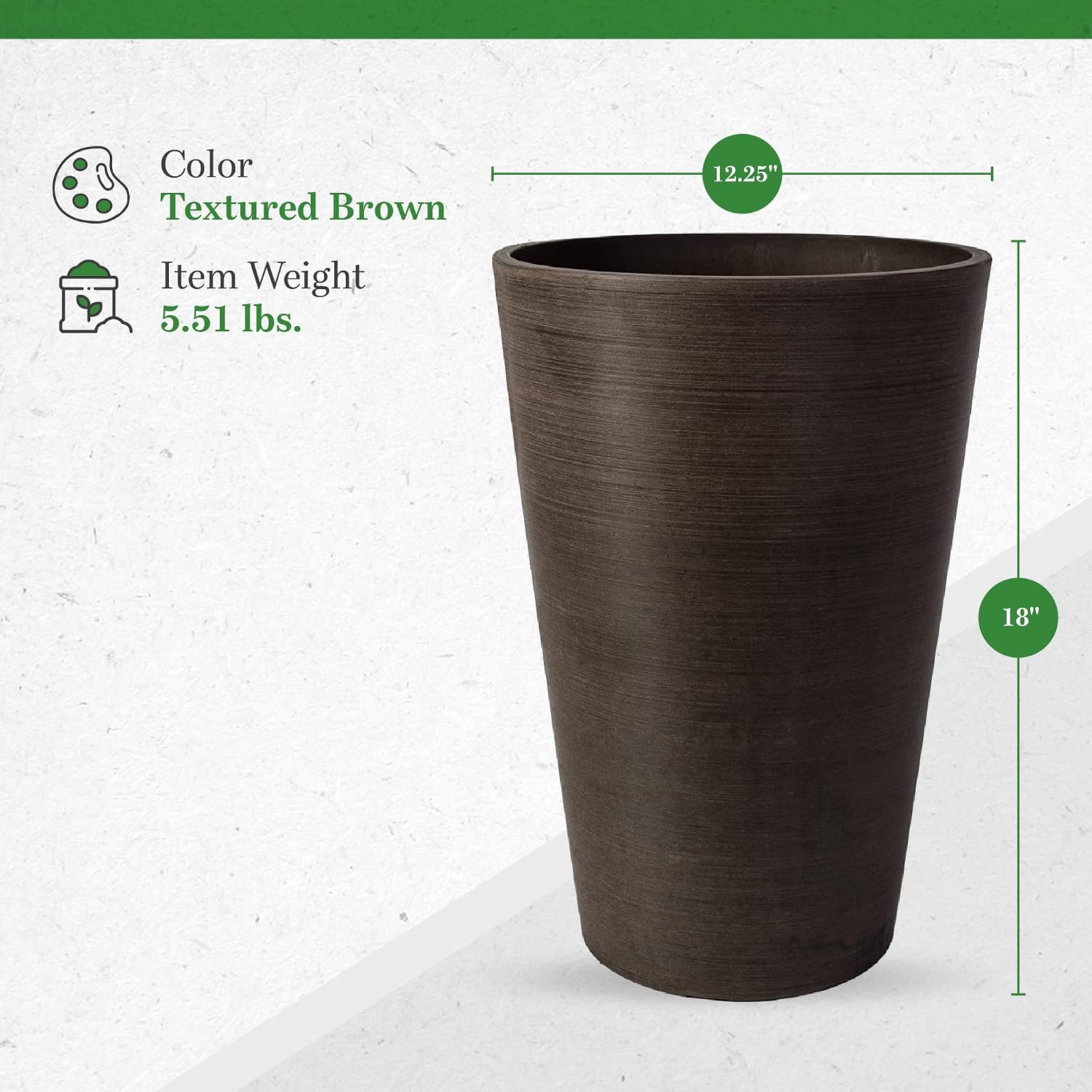 Algreen Valencia Round Planter Pot, 12.25 by 18-Inch, Textured Brown | Round Shape, Indoor Use, UV And Weather