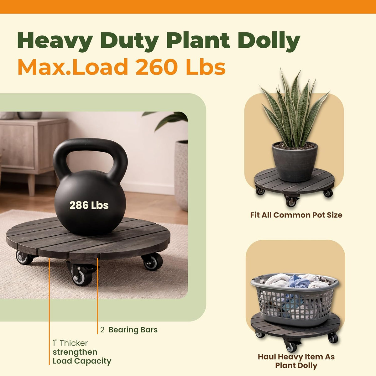 Jurax Wood Plant Caddy with Wheels – Heavy Duty Plant Dolly Holds Up to 286 lbs, 360° Lockable Casters, Rolling Plant
