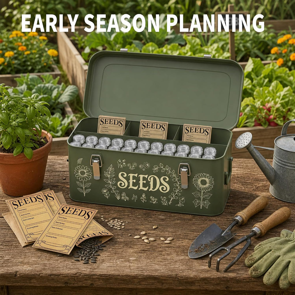 Metal Seed Storage Organizer, 4 Compartment Locking Seed Saving Box | Includes 30 Bottles & Envelopes, Dark Green