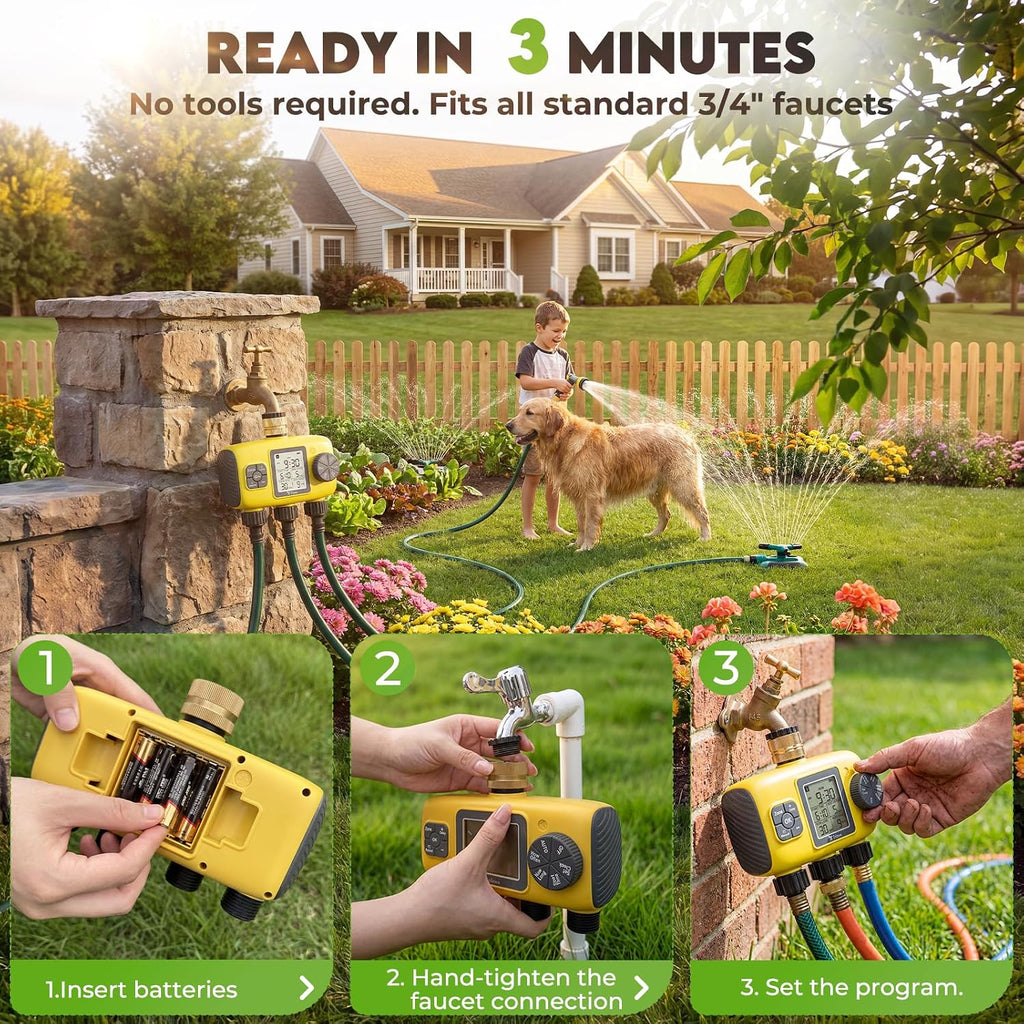 3 Zone Sprinkler Timer for Garden Hose, Brass Inlet Yard Irrigation | Programmable Auto & Manual Water Timer with LCD