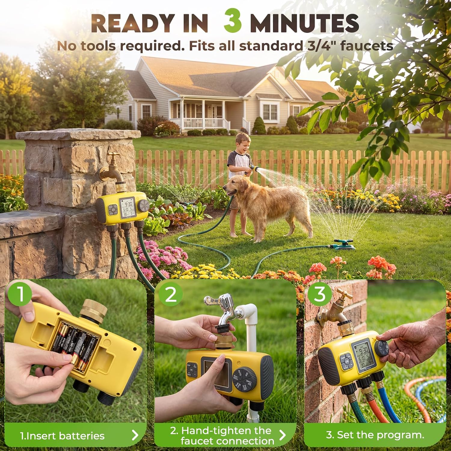 3 Zone Sprinkler Timer for Garden Hose, Brass Inlet Yard Irrigation | Programmable Auto & Manual Water Timer with LCD