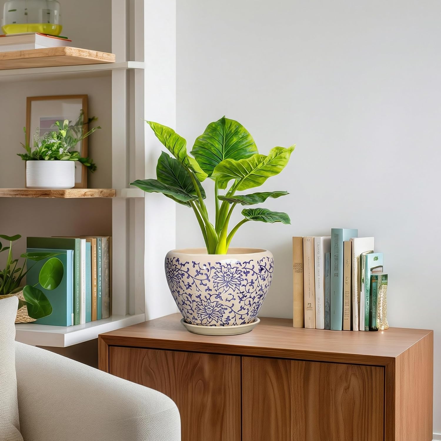 Ceramic Pots for Plants - 8 Inch Plant Pot with Drainage Hole and Saucer, Modern Flower Pots for Indoor Outdoor Plants