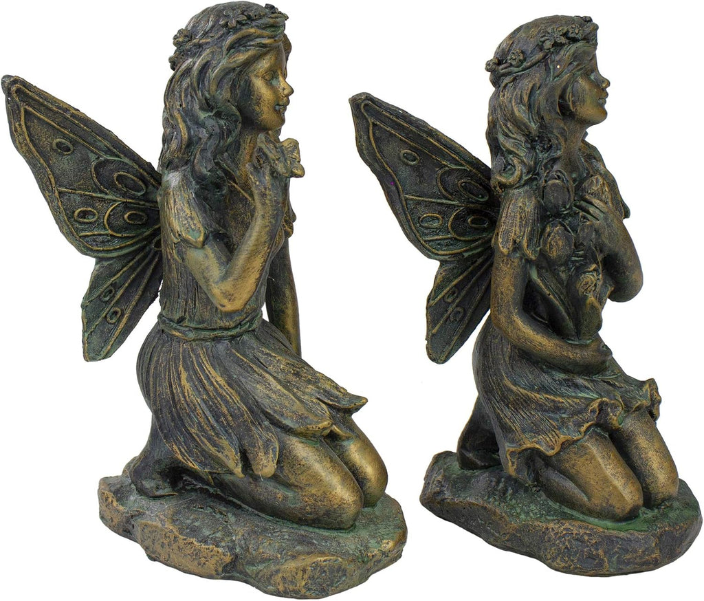 Northlight 2 Bronze Kneeling Fairies Flowers Butterfly Garden Statues 7"