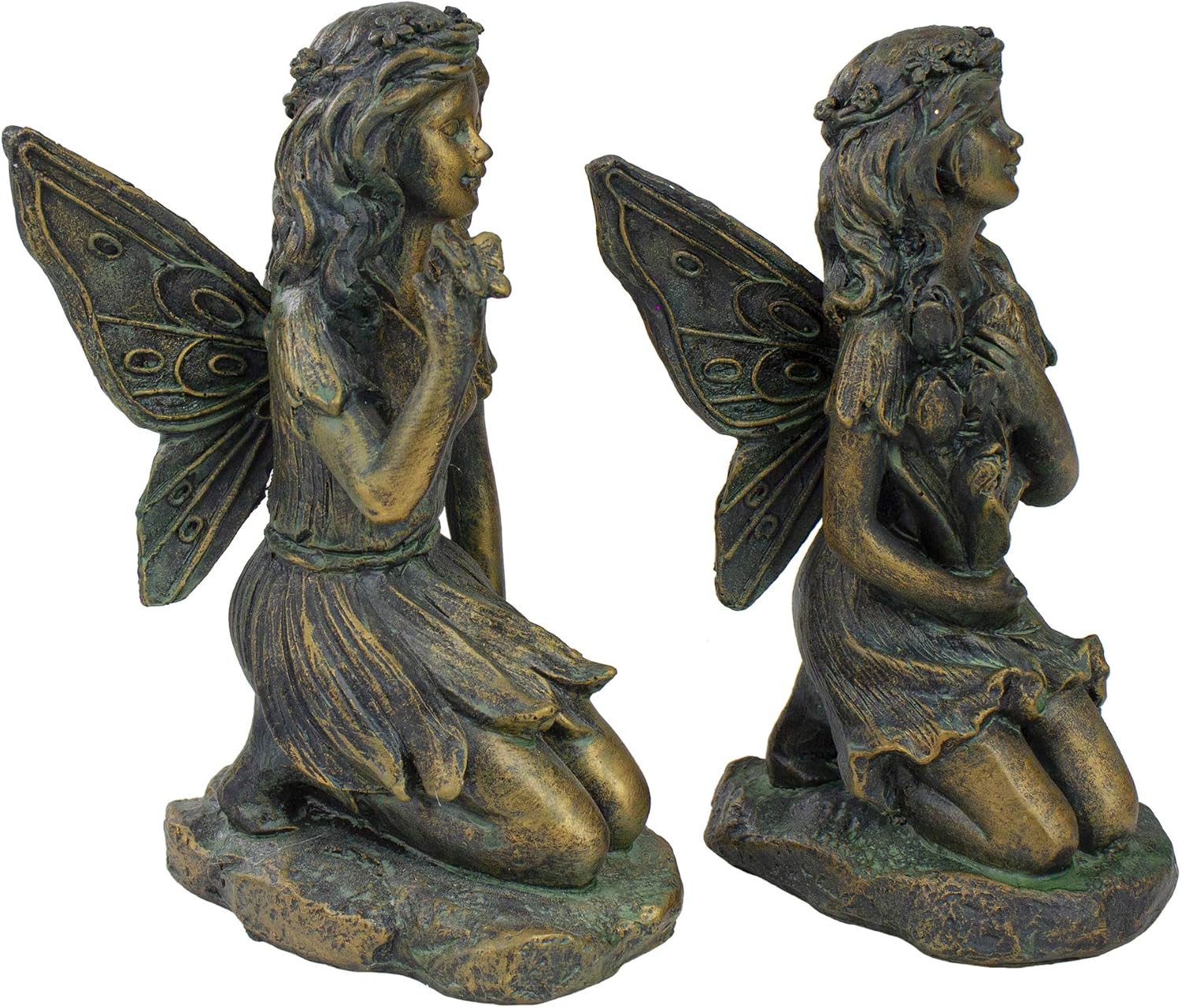 Northlight 2 Bronze Kneeling Fairies Flowers Butterfly Garden Statues 7"