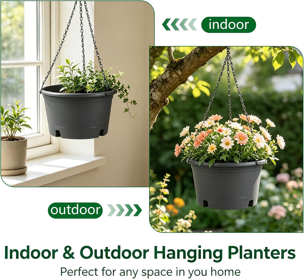 6 Pack 10 Inch Hanging Baskets for Plants Outdoor with Removable Trays | Plastic Hanging Planters with 15.7" Chain