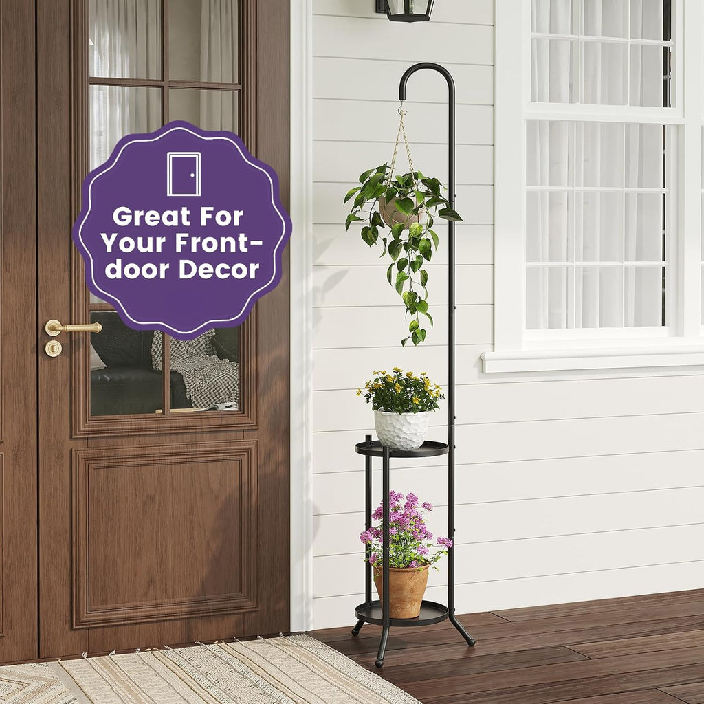 2-Tier Metal Plant Stand with Hanging Hook, Indoor Outdoor Plant Shelf,Heavy Duty Plant holder Rustproof Iron Multiple