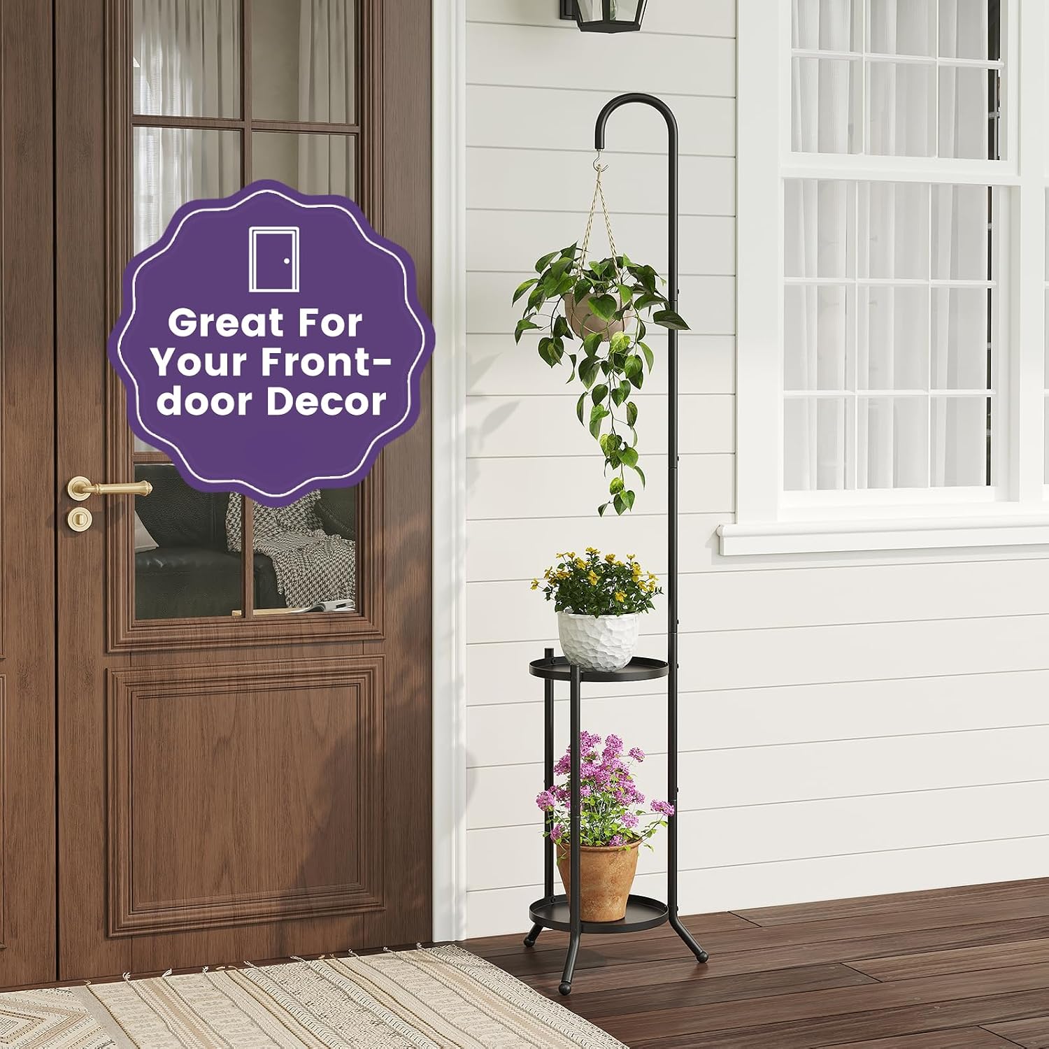 2-Tier Metal Plant Stand with Hanging Hook, Indoor Outdoor Plant Shelf,Heavy Duty Plant holder Rustproof Iron Multiple