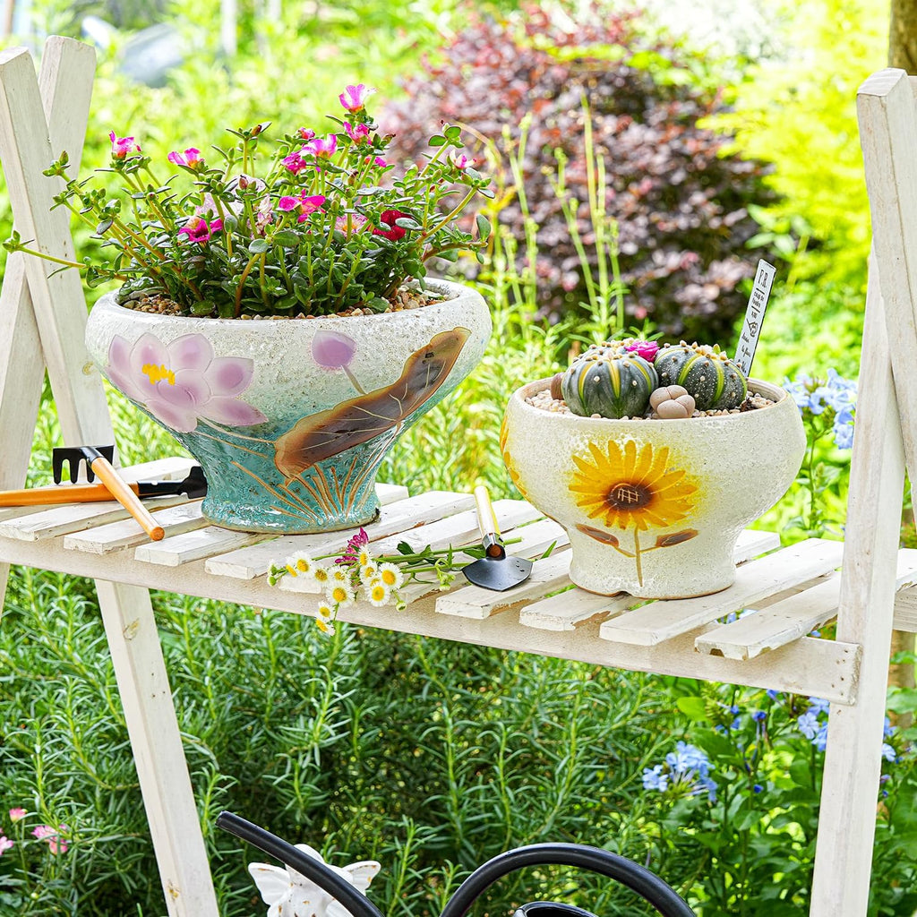 Sungmor 9.6 Inch Large Succulent Plant Pots, Pretty Hand Painted Ceramic Planter with Drainage, Indoor Outdoor Cactus