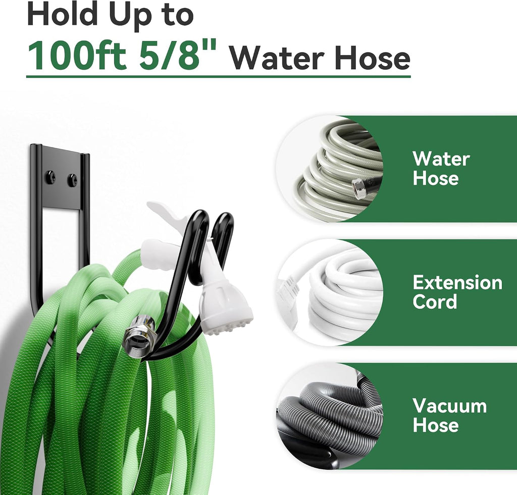 Black Metal Garden Hose Holder - Wall Mounted Water Hose Holder - Hose Hanger Heavy Duty for Water Hose Extension Cords