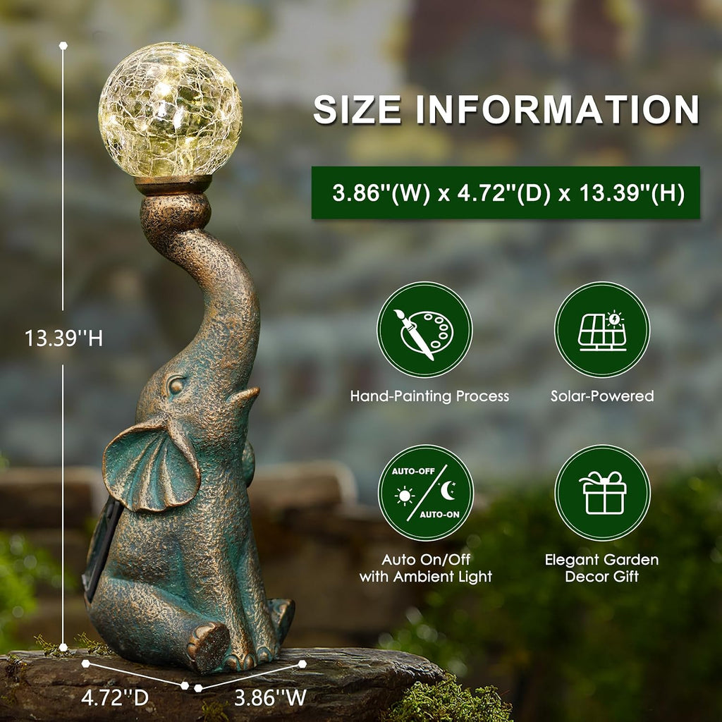 Solar Outdoor Elephant Statue Gifts Garden Decoration Light | 8 LED Crackle Balls Elephant Sculpture for Yard Patio