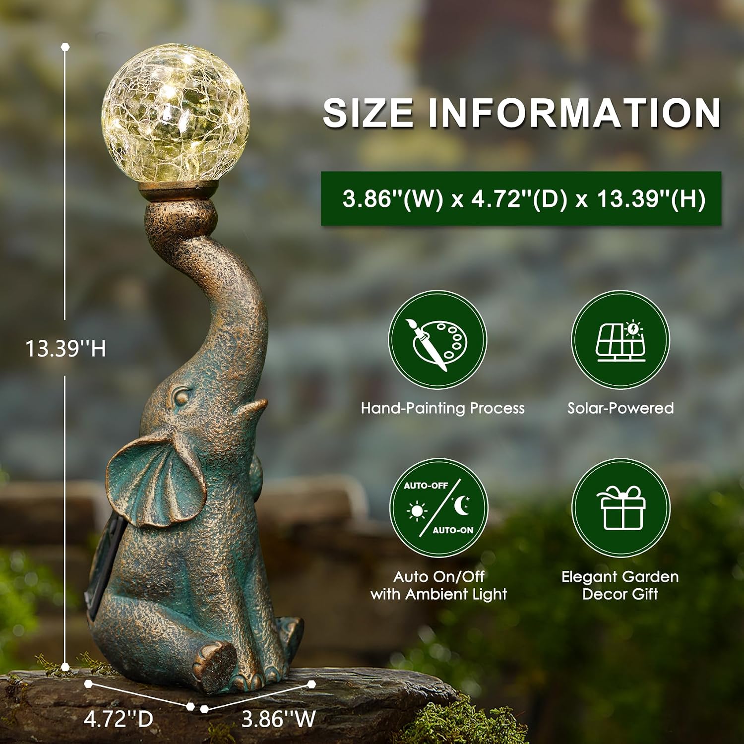 Solar Outdoor Elephant Statue Gifts Garden Decoration Light | 8 LED Crackle Balls Elephant Sculpture for Yard Patio